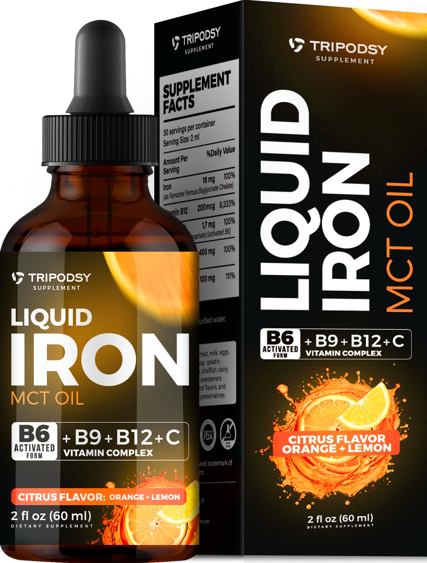 Iron Supplement for Women and Men - Iron Drops with B6, B9, B12, Vitamin C, MCT Oil (2 Fl Oz, Citrus)