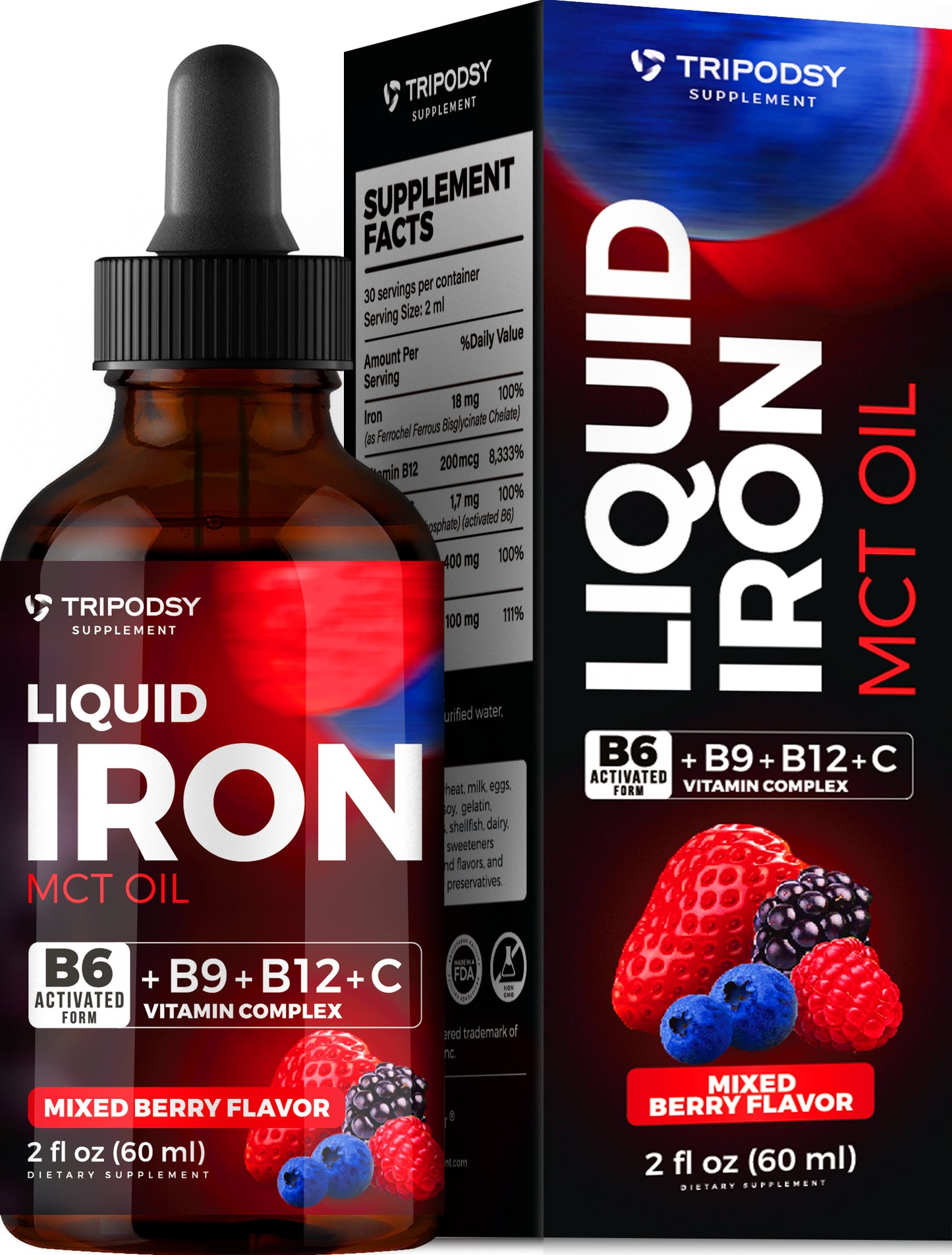 Iron Supplement for Women and Men - Iron Drops with B6, B9, B12, Vitamin C, MCT Oil (2 Fl Oz, Mixed Berry)