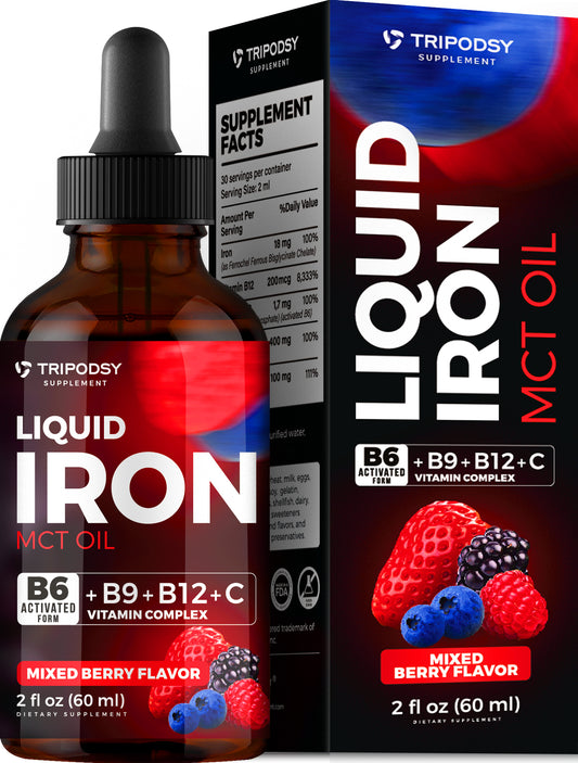 Iron Supplement for Women and Men - Iron Drops with B6, B9, B12, Vitamin C, MCT Oil (2 Fl Oz, Mixed Berry)