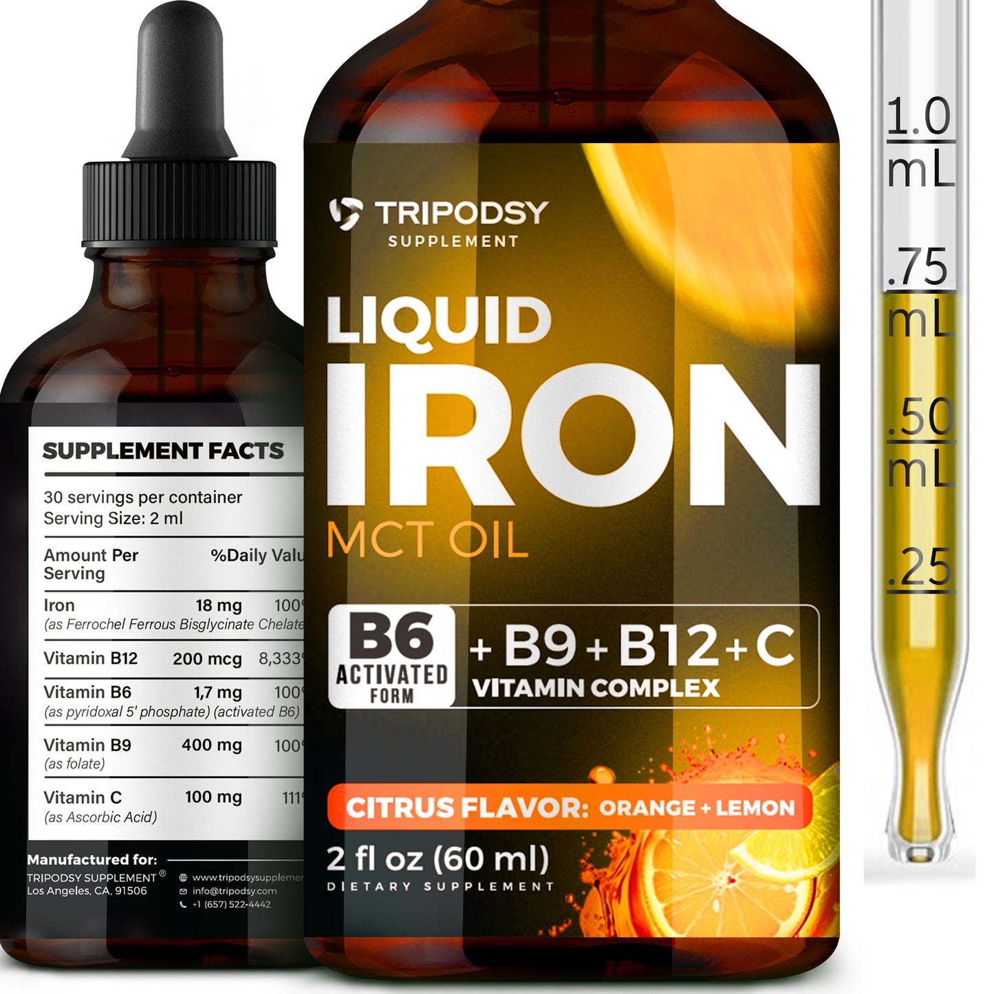 Iron Supplement for Women and Men - Iron Drops with B6, B9, B12, Vitamin C, MCT Oil (2 Fl Oz, Citrus)