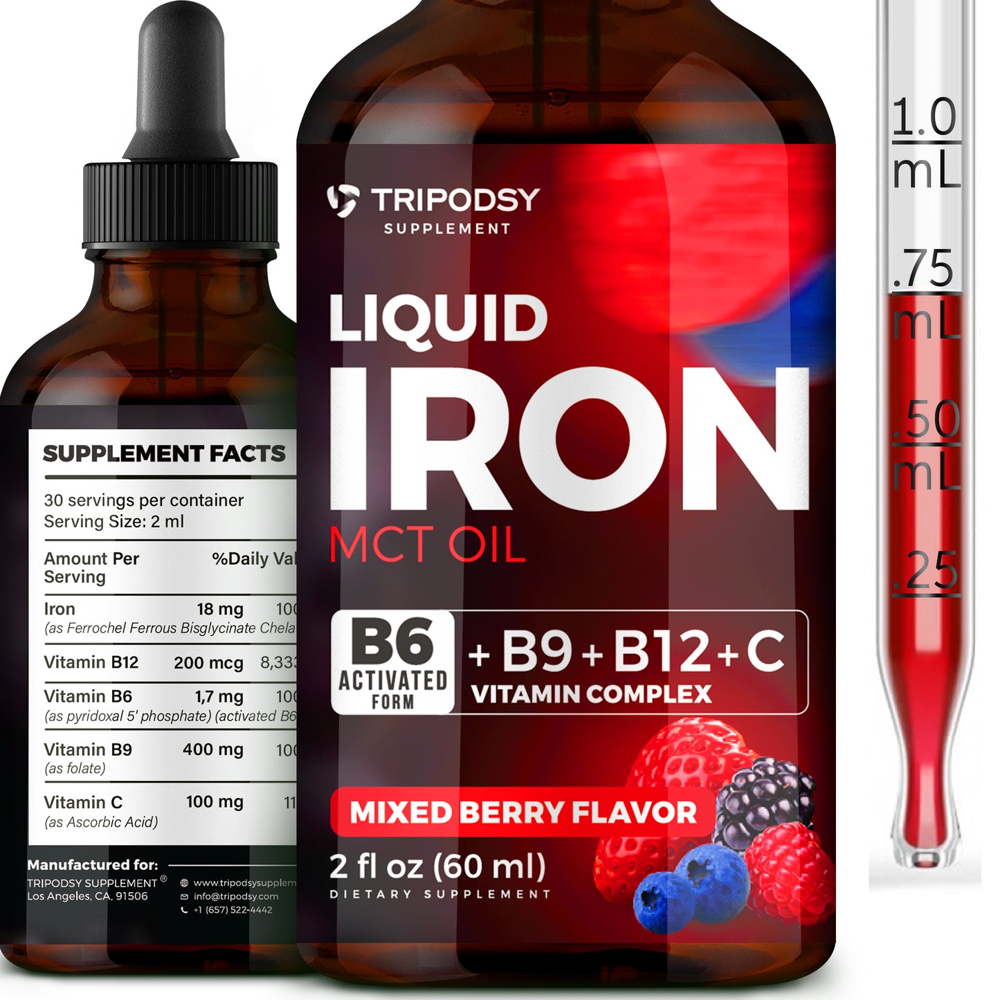 Iron Supplement for Women and Men - Iron Drops with B6, B9, B12, Vitamin C, MCT Oil (2 Fl Oz, Mixed Berry)