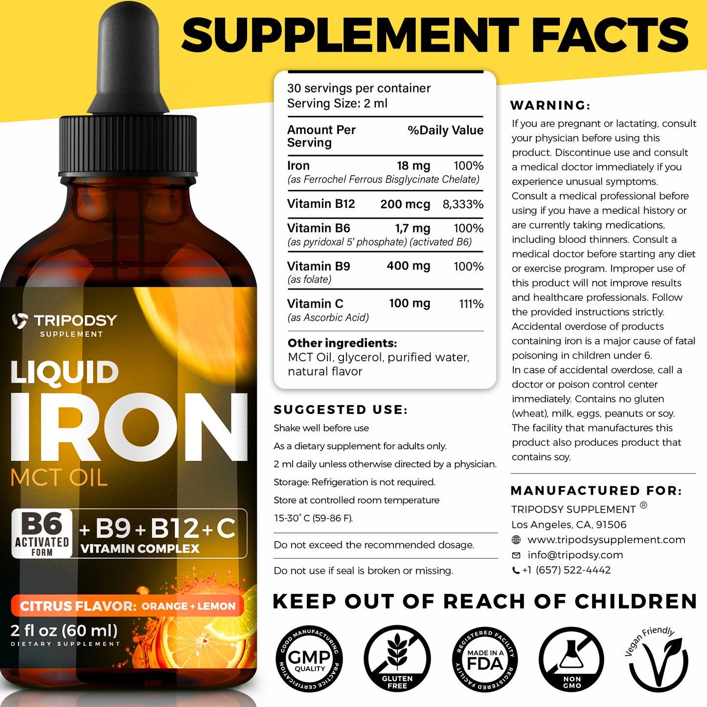 Iron Supplement for Women and Men - Iron Drops with B6, B9, B12, Vitamin C, MCT Oil (2 Fl Oz, Citrus)