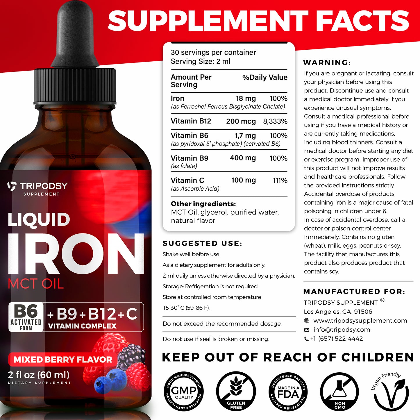 Iron Supplement for Women and Men - Iron Drops with B6, B9, B12, Vitamin C, MCT Oil (2 Fl Oz, Mixed Berry)