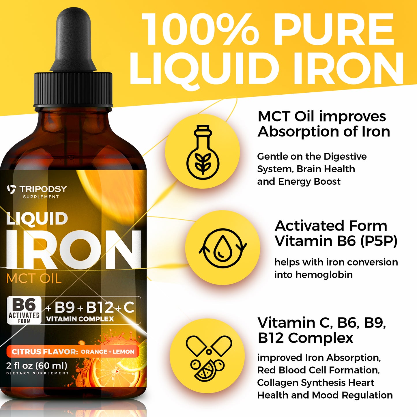 Iron Supplement for Women and Men - Iron Drops with B6, B9, B12, Vitamin C, MCT Oil (2 Fl Oz, Citrus)