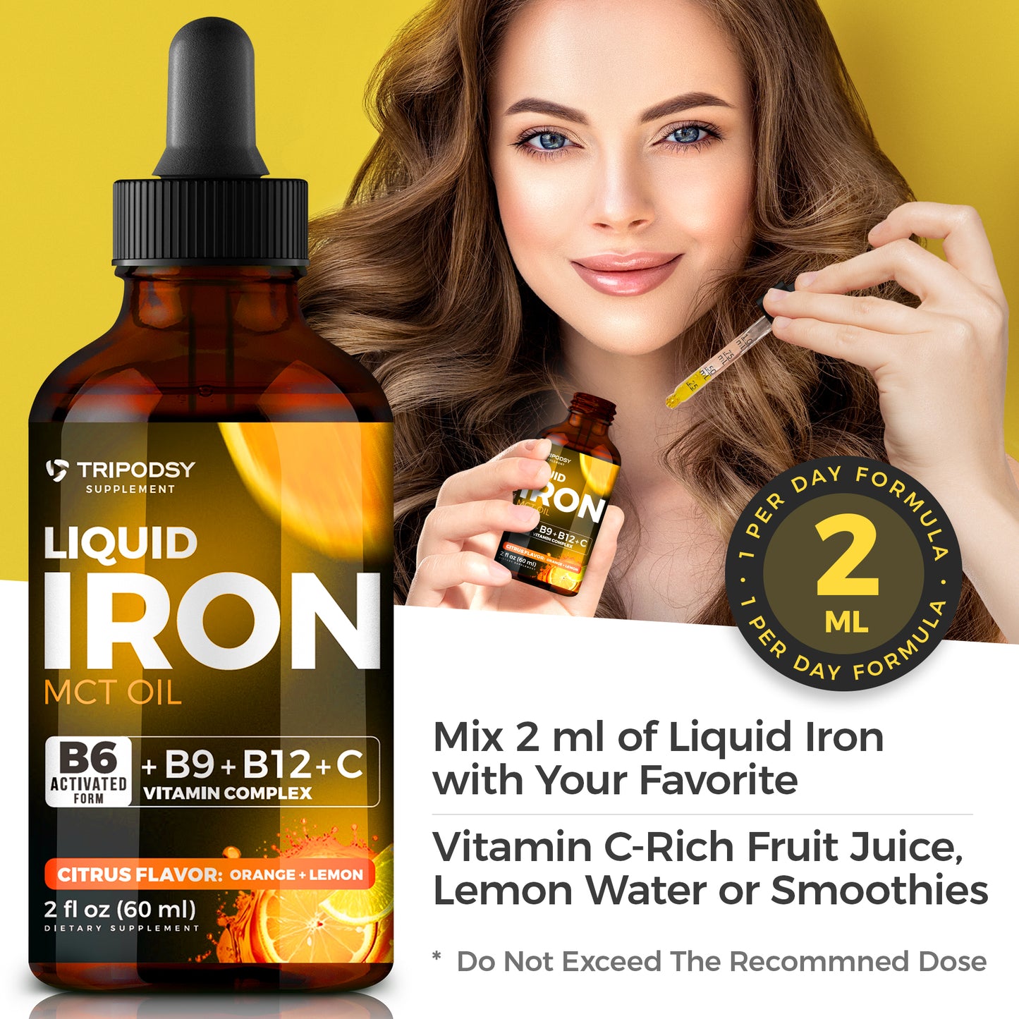 Iron Supplement for Women and Men - Iron Drops with B6, B9, B12, Vitamin C, MCT Oil (2 Fl Oz, Citrus)