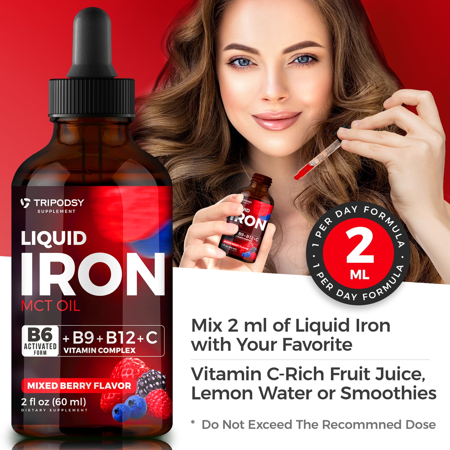 Iron Supplement for Women and Men - Iron Drops with B6, B9, B12, Vitamin C, MCT Oil (2 Fl Oz, Mixed Berry)